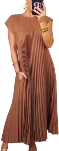 HOULENGS Women's 2024 Casual Short Sleeve Pleated Maxi Dress Loose Fit Crewneck Flowy Long Dress with Pockets in Saudi Arabia