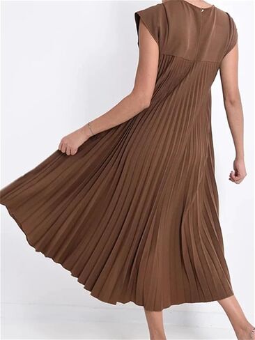 HOULENGS Women's 2024 Casual Short Sleeve Pleated Maxi Dress Loose Fit Crewneck Flowy Long Dress with Pockets in Saudi Arabia