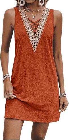 Women's Casual Summer Dresses 2024 V Neck Crisscross Sleeveless Sundress Mini Tank Dress in Saudi Arabia
