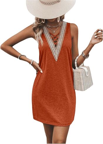 Women's Casual Summer Dresses 2024 V Neck Crisscross Sleeveless Sundress Mini Tank Dress in Saudi Arabia