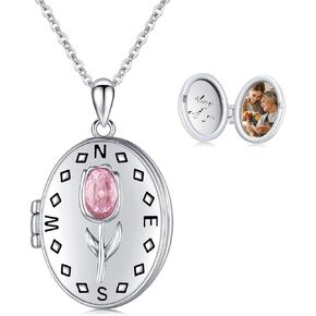Compass Locket Necklace for Women 925 Sterling Silver Tulip Photo Locket Pendant Necklace Compass Tulip Jewelry Graduation Gifts for Her Lovers