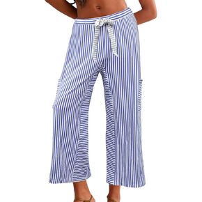 Women's Wide Leg Lounge Pants Striped Mid Waisted Drawstring Beach Pants Capri Pants Trousers with Pockets