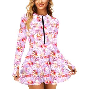 AOBUTE Women Long Sleeve Swim Dress SPF Rash Guard with Bottoms No Bra, 2 Piece Swimsuit with Thumb Hole