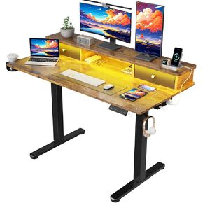 Vabches Electric Standing Desk Adjustable Height, LED Stand Up Desk with Drawers and Charging Station 48 Inch Ergonomic Sit Stand Desk with Storage Uplift Work Desk for Home Office (White)