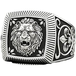 Lion Ring, Cross Sword Lion Ring for Men, Norse Viking Lion Head Ring Lion Jewelry, Celtic Lion Square Ring Hip Hop Roaring Lion Band Ring Punk Silver Lion Animal Ring for mens