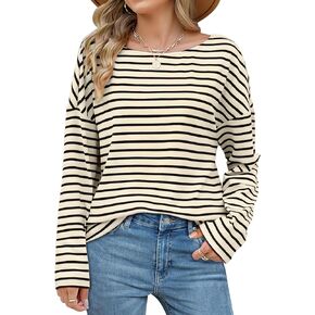 OFEEFAN Womens Long Sleeve Tops 2024 Striped Shirt Women Drop Shoulder Boat Neck Tops Loose Fit Casual Shirts
