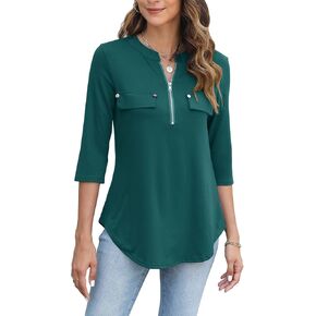 Halife Women's V Neck 3/4 Sleeve Zip Shirts Business Casual Tops Dressy Work Tunic Blouses