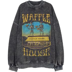 Bellelement Waffle House Acid Wash Oversized Vintage Sweatshirt Long Sleeve Loose Pullover Unisex