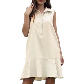 Kedera Women's Tunic Shirt Mini Dress Cotton Linen Shirt Dress Button Up Ruffle Hem Shift Dresses