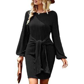 Zeagoo Women's Casual Knit Dress Fall Long Sleeve Bodycon Dress Crewneck Tie Waist Rib Knitted Sweater Dresses