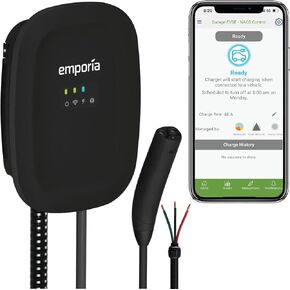 EMPORIA Level 2 EV Charger w/NACS, Compatible with Tesla - 48 amp Electric Car Charger, Preconfigured for Hardwired Install with Whip, UL/Energy Star WiFi-Enabled EVSE, 24ft Cable, White