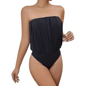MakeMeChic Women's Strapless Bandeau Bodysuit Casual Sleeveless Ruched Tube Shirt Tops