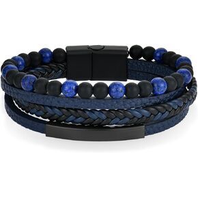Mens Tiger Eye Black Obsidian Lava Rock Lapis Lazuli Stone Beaded Bracelet,Wrap Braided Leather Cuff Bangle Bracelet for Men,Stainless Steel Clasp