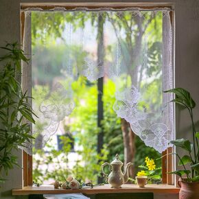 SUTAVIA White Kitchen Curtain Valance Pair 2 Panels Vintage Embroidery Lace Curtains Valance Set Rod Pocket Semi Sheer Curtains with Valance for Short Window (White 02, 2pcs, 62"x23"+62"x12")