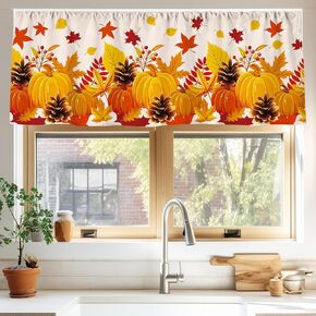 Fall Curtain Valance 54 x 18 Inch Orange Pumpkin Leaves Valance Curtain Rod Pocket Autumn Harvest Short Window Treatment for Thanksgiving Home Party Window Decor
