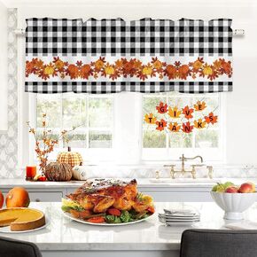 Fall Window Valance Rod Pocket Panel for Kitchen Bedroom Windows Farm Black and White Buffalo Check Valances Short Curtain Bathroom Window Treatment Drapes Thanksgiving Pumpkin Orange Maple Branch