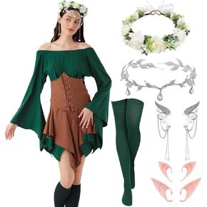 Renaissance Dresses Medieval Costume for Women Fairy Crown Elf Ear Cuffs Irish Dress Halloween Cosplay