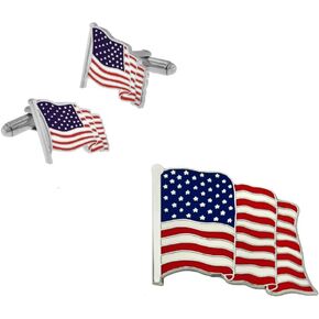 PinMart's Silver Made in the USA American Flag Enamel Lapel Pin & Cufflink Patriotic 2 Pc Bundle set