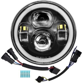 7 inch Motorcycle LED Headlight DRL White Halo DOT Kit Compatible with Harley Davidson Fat Boy Street Glide Heritage Softail Road King Electra Glide - Chrome