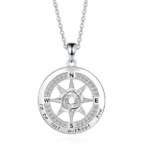 Compass Necklace Gifts for Women Wife, S925 Sterling Silver Birthstone Necklaces for Mom, I'd Be Lost Without You' Anniversary Birthday Gifts for Her, Valentines Day Christmas Gifts Jewelry for Women