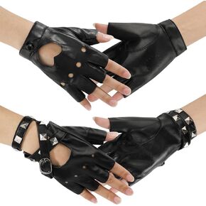 PHOGARY 2 Pairs Women PU Leather Punk Rock Gloves, Black Fingerless Gloves Heart Cutout Half Finger Gothic Gloves Rivets Biker Gloves for Halloween Christmas Cosplay Performance Costume, Women Teens