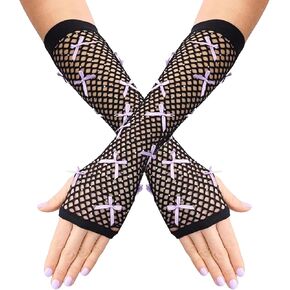 Black Rhinestone Fishnet Bow Gloves Long Rhinestone Fingerless Fishnet Gloves