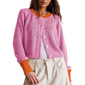 Women's Cropped Cardigan Sweaters Fall Long Sleeve Open Front Cardigans Button Down Color Block Crewneck Knit Outwear Coats