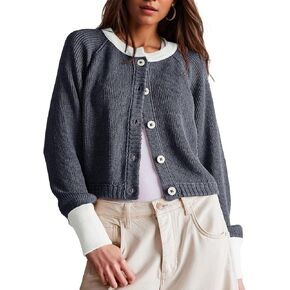 Women's Cropped Cardigan Sweaters Fall Long Sleeve Open Front Cardigans Button Down Color Block Crewneck Knit Outwear Coats
