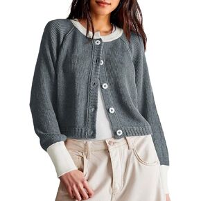 Saodimallsu Womens Cropped Cardigan Sweaters Button Down Open Front Long Sleeve Fall Trendy Color Block Knit Coats