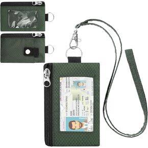 Minimalist Small Wallet for Men Women with 2 Zip Pockets, Water Resistant ID Case with Keychain and Card Holder, Coin Purse Badge Lanyard Pouch for Boys Girls Travel -Black