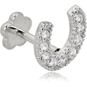 AVORA 14K Gold Simulated Diamond CZ Lucky Horseshoe Cartilage Piercing Flat Back Earring Body Jewelry (18 Gauge)