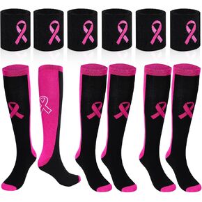 Zhanmai 3 Pairs Breast Cancer Socks Wristbands Set for Soccer Volleyball Football Team Breast Cancer Awareness Volunteering