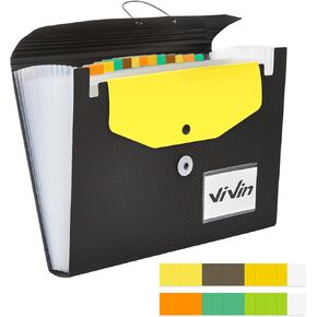 ViVin Expanding File Folder, 13-Pocket Accordion Filing Organizer with Extra Pocket & Labels, Portable Expandable Poly Folio for Documents Receipt Bills Invoice, Letter/A4 Size - Blue