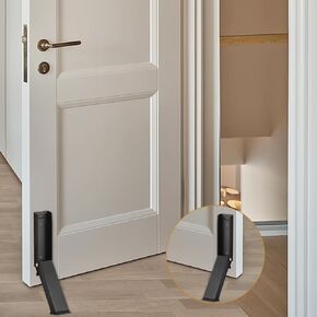 Stainless Steel No Drilling Door Stoppers, Easy Pedal Kick Down, Self Adhesive Metal Doorstop, Flip by Foot, Hinge Door Handle Protector (Black 1pcs)