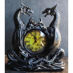 Gothic Double Dragon Table Clock Battery Operated Resin Desktop Accessory Office