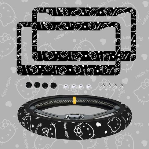 Black Cute Cartoon Steering Wheel Cover,Anime Kawaii License Plate Frames, Universal 15 Inches Car Accessories for Men Women in Saudi Arabia