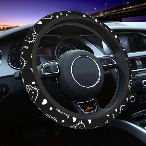 Black Cute Cartoon Steering Wheel Cover,Anime Kawaii License Plate Frames, Universal 15 Inches Car Accessories for Men Women in Saudi Arabia