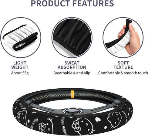 Black Cute Cartoon Steering Wheel Cover,Anime Kawaii License Plate Frames, Universal 15 Inches Car Accessories for Men Women in Saudi Arabia