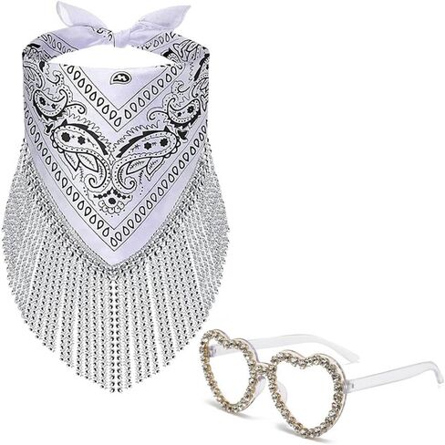 Cowgirl Bachelorette Bandanas Disco Rhinestone Fringe & Heart Sunglasses Paisley Pattern Bandanas Face Mask Scarf in Saudi Arabia