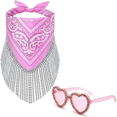 Cowgirl Bachelorette Bandanas Disco Rhinestone Fringe & Heart Sunglasses Paisley Pattern Bandanas Face Mask Scarf in Saudi Arabia