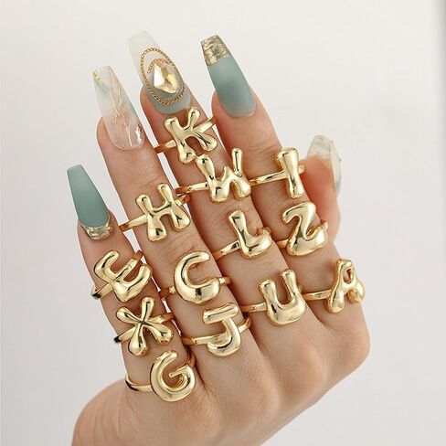 Bubble Initial Rings for Women, Open Adjustable Balloon Letter Rings Chunky Balloon Letters Ring 14k Gold Plated Puffy Alphabet A-Z Name Statement Jewelry in Saudi Arabia