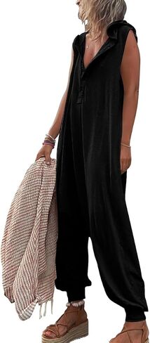 chouyatou Women's Summer Casual Hooded Jumpsuit Loose Half Button Tapered Leg Romper Overall Pants in Saudi Arabia