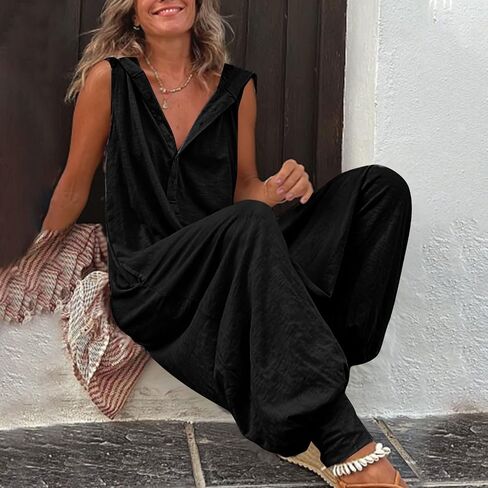 chouyatou Women's Summer Casual Hooded Jumpsuit Loose Half Button Tapered Leg Romper Overall Pants in Saudi Arabia