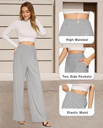 CLOZOZ Women's Wide Leg Pants High Waist Palazzo Pants Elastic Fit Business Casual Trousers with Pockets in Saudi Arabia