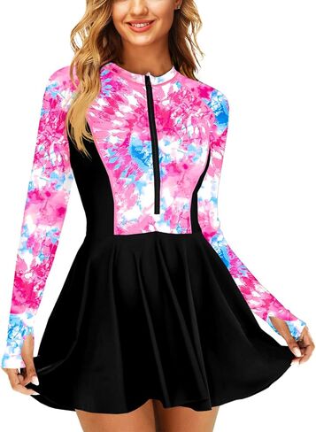 AOBUTE Women Long Sleeve Swim Dress SPF Rash Guard with Bottoms No Bra, 2 Piece Swimsuit with Thumb Hole in Saudi Arabia
