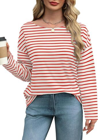 OFEEFAN Womens Long Sleeve Tops 2024 Striped Shirt Women Drop Shoulder Boat Neck Tops Loose Fit Casual Shirts in Saudi Arabia