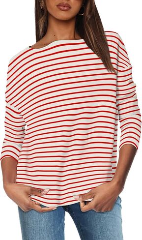 OFEEFAN Womens Long Sleeve Tops 2024 Striped Shirt Women Drop Shoulder Boat Neck Tops Loose Fit Casual Shirts in Saudi Arabia