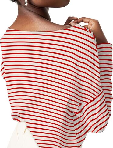 OFEEFAN Womens Long Sleeve Tops 2024 Striped Shirt Women Drop Shoulder Boat Neck Tops Loose Fit Casual Shirts in Saudi Arabia