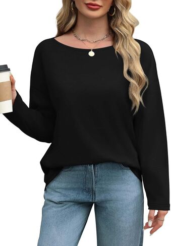 OFEEFAN Womens Long Sleeve Tops 2024 Striped Shirt Women Drop Shoulder Boat Neck Tops Loose Fit Casual Shirts in Saudi Arabia
