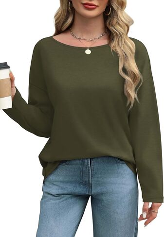 OFEEFAN Womens Long Sleeve Tops 2024 Striped Shirt Women Drop Shoulder Boat Neck Tops Loose Fit Casual Shirts in Saudi Arabia